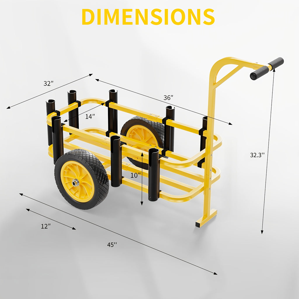 Outdoor Fishing Cart, Sturdy Steel Frame, with 12" PU Wheels, 7 Fishing Rod Tubes, Large Capacity, for Beach, Surfing, Kayak, Yellow, 1pc