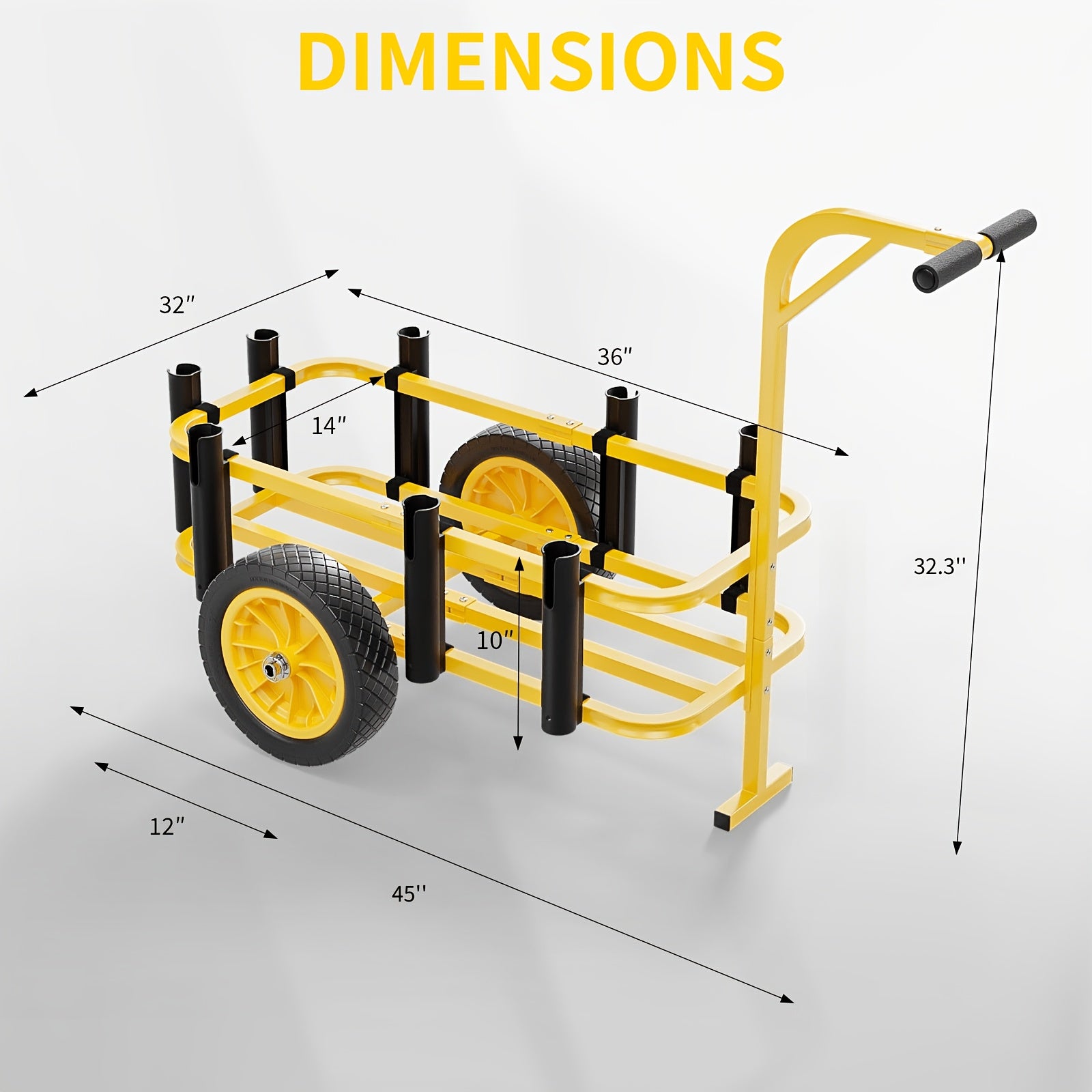 Outdoor Fishing Cart, Sturdy Steel Frame, with 12" PU Wheels, 7 Fishing Rod Tubes, Large Capacity, for Beach, Surfing, Kayak, Yellow, 1pc