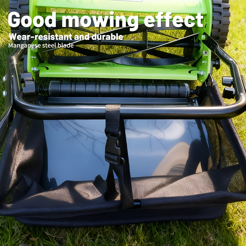 Durable Steel Construction, Precision-cut for Perfect Stripes, 12-inch 5-blade Manual Reel Push Mower, High-strength Steel Blades, Grass Catcher, Ergonomic U-shaped Handle, Dual-wheel Design. No Electricity Required, Suitable for Residential