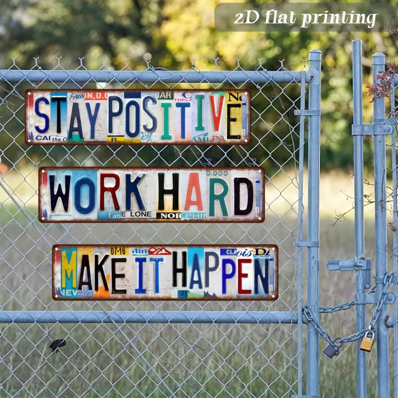 3pcs Retro Plate Letter Art Metal Sign "Stay Positive" "Work Hard" "Make It Happen" Long Strip Motivational Wall Decor Street Sign For Home Office Gym Garage