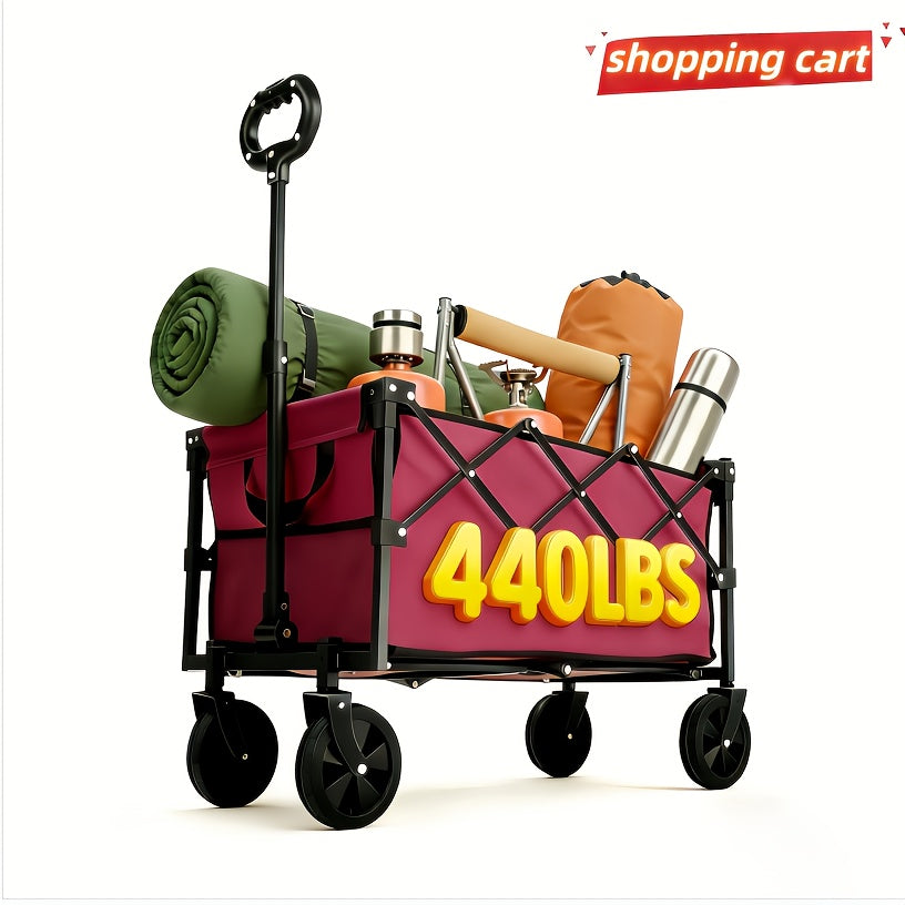 Heavy-Duty Collapsible Handcart with a Stainless Steel Frame And 600D Oxford Fabric, Equipped with All-Terrain Wheels, Ideal for Camping, Gardening, Beach Outings, Shopping, And Transporting Goods. It Features Compact Storage And a Robust Design