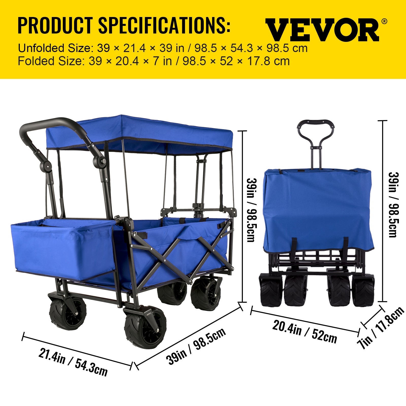 VEVOR Extra Large Collapsible Garden Cart with Removable Canopy, Folding Wagon Utility Carts with Wheels and Rear Storage, Wagon Cart for Garden, Camping, Grocery Cart, Shopping Cart