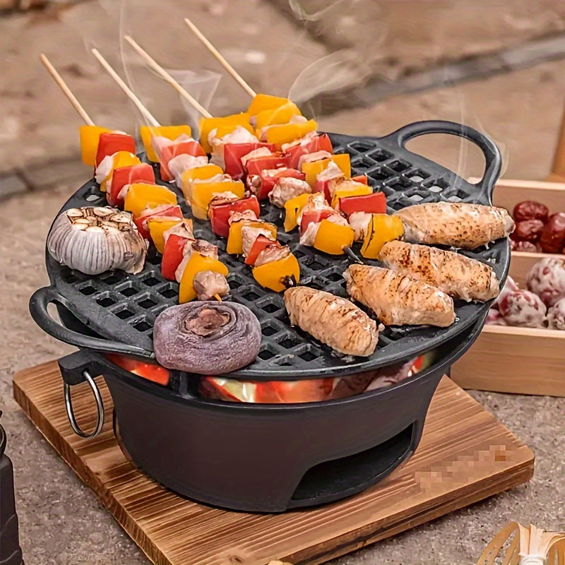 1pc Round Outdoor Cast Iron Durable Portable Grill, Charcoal BBQ Pizza Grill, Wooden Board with Stainless Steel Mesh Tray for Tea Cooking, BBQ Portable, Non-Flammable Suitable for Outdoor Camping, Family BBQ Cup