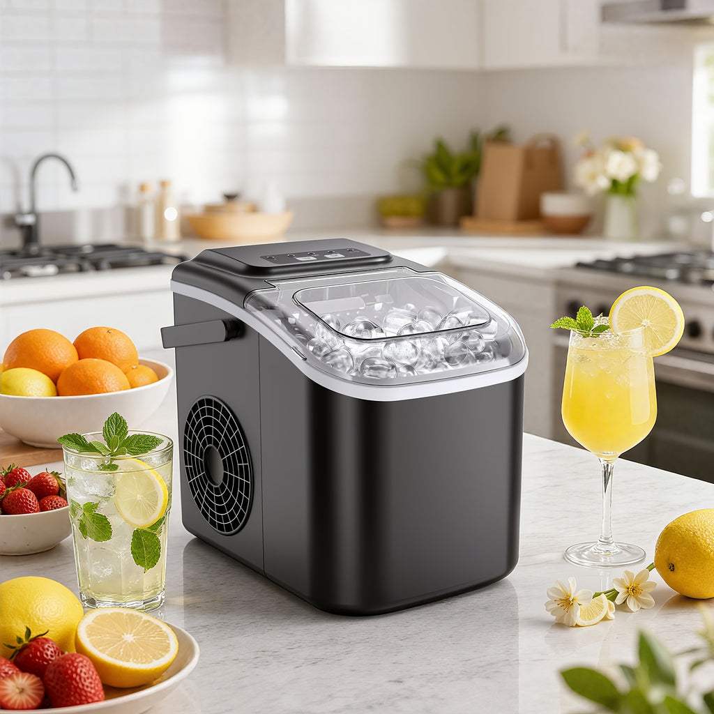 26 Pound Bullet Ice Machine And Mini Refrigerator, Compact And Portable, Self-Cleaning Sonic Ice Maker with Ice Scoop And Basket, Perfect for Backyard BBQ, Camping, Outdoor Party, Kitchen, Black