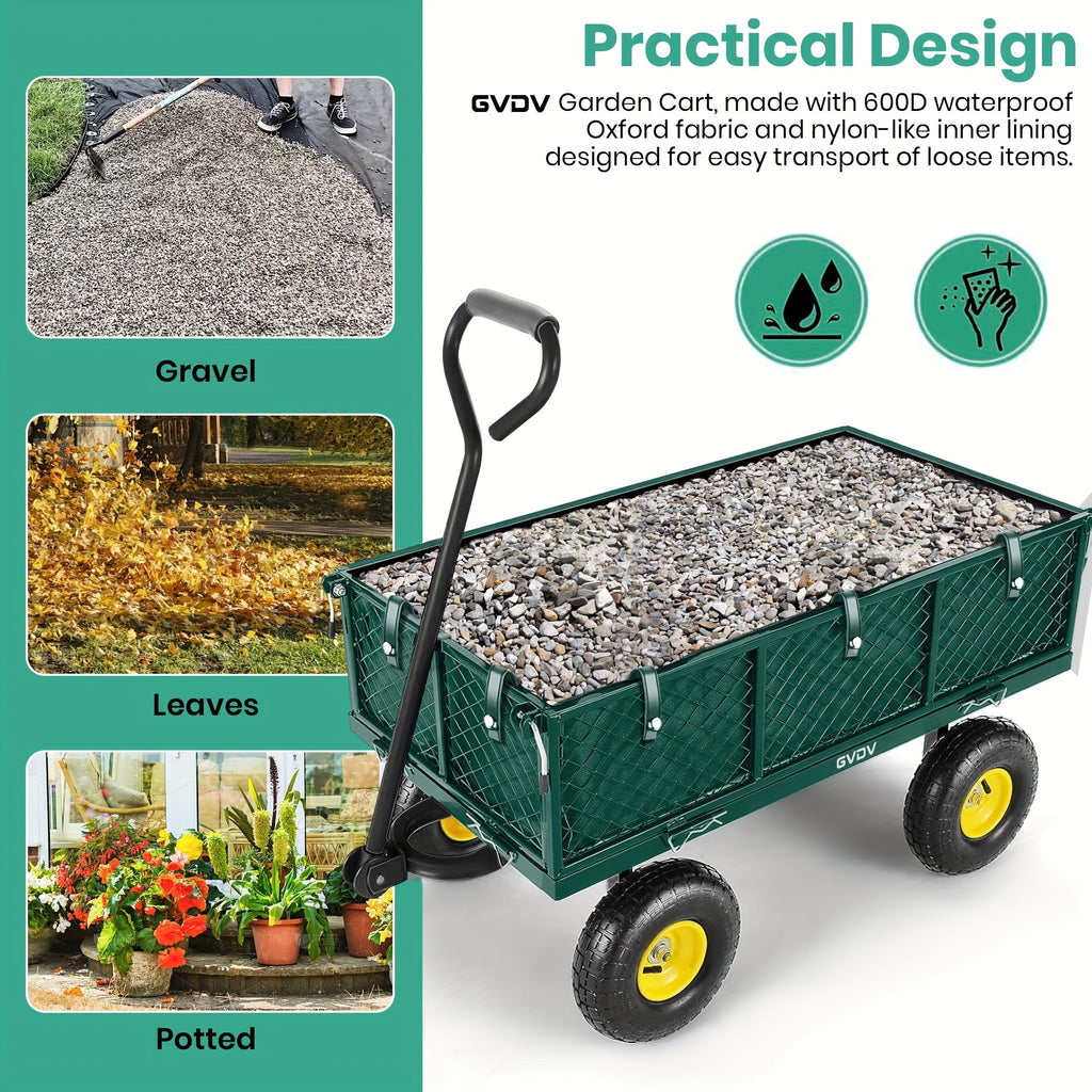 GVDV 800LBS Heavy Duty Garden Cart with Liner, 3 Cu Ft, 10" All-Terrain Wheels, 180° Rotating Handle, Durable Utility Cart for Yard Work, Hauling, And Outdoor Use, Foldable Garden Wagon,