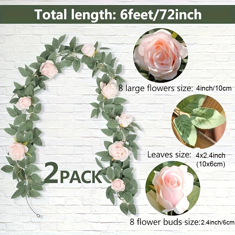 2-Pack Artificial Rose Garland, Fake Flower Hanging Vine, 6.5/6 Feet Long, Suitable for Garden, Room, Wall Decor, Wedding, Birthday Decoration, White / Champagne / Pink