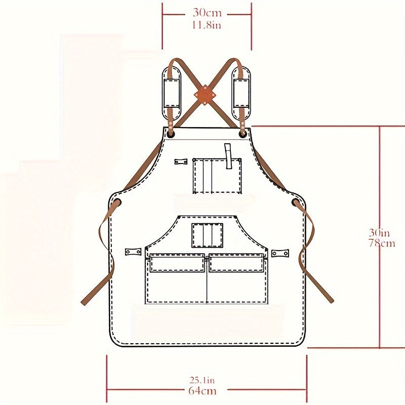 Durable Cotton Canvas Apron with Multiple Pockets for Woodworking, Electrician, and Gardening - Adjustable Brown Faux Leather Straps & Metal Buckles for Secure Fit