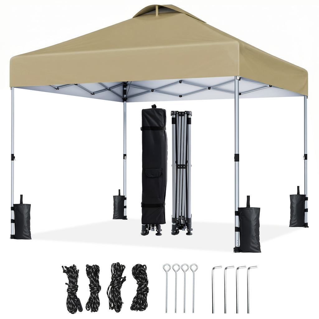 A 10X10Ft Gazebo That Is a Portable Outdoor Shelter Featuring One-Step Assembly, Adjustable Height, And Comes with a Storage Bag, Eight Ground Pegs, And Four Sandbags. It Has an Easy-To-Install Canopy, Making It Ideal for Beach Trips, Camping