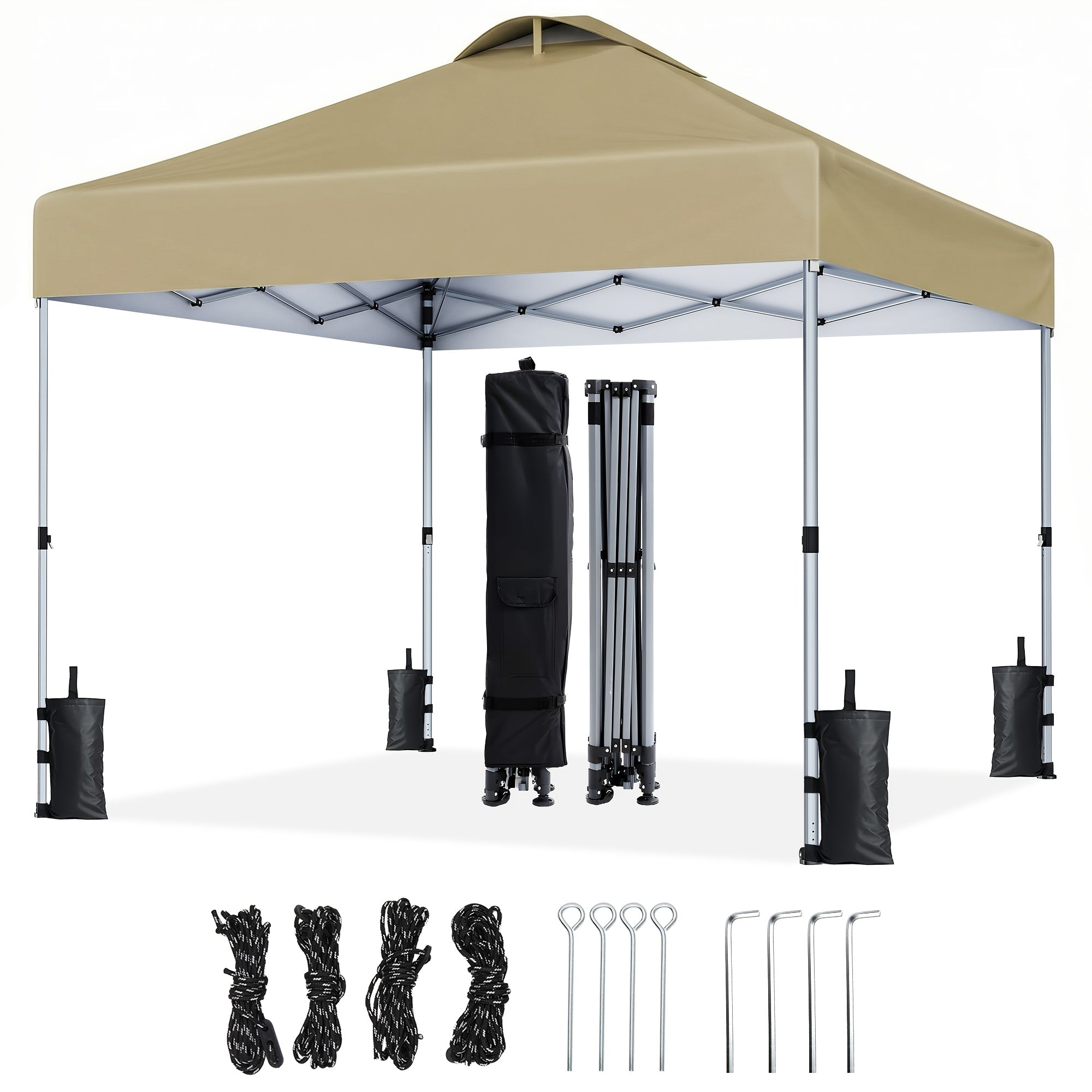 A 10X10Ft Gazebo That Is a Portable Outdoor Shelter Featuring One-Step Assembly, Adjustable Height, And Comes with a Storage Bag, Eight Ground Pegs, And Four Sandbags. It Has an Easy-To-Install Canopy, Making It Ideal for Beach Trips, Camping