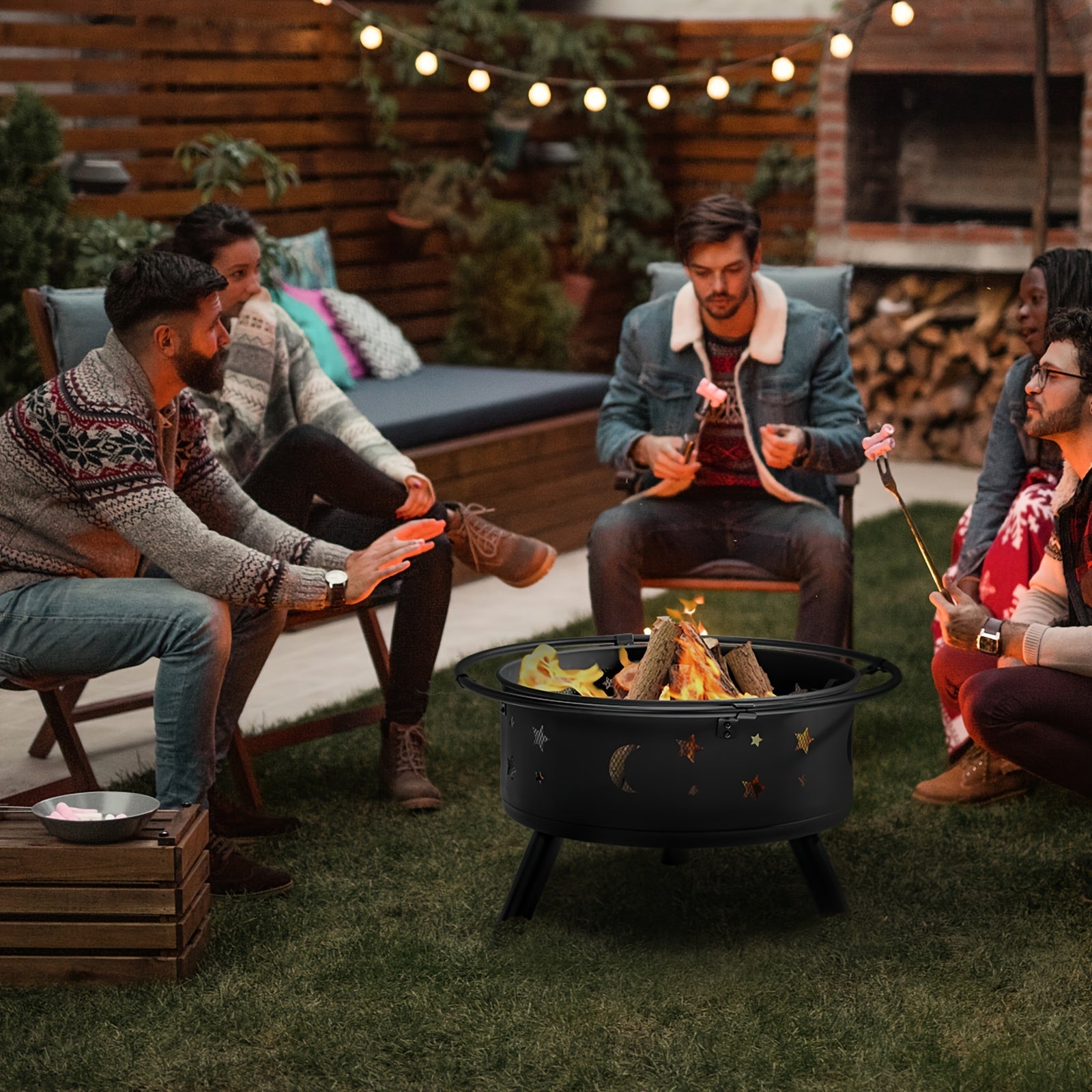 LEADZM 30in Round with Carrying Ring Mesh Lid Star And Moon Hole Wood Burning Fire Pit Iron Black