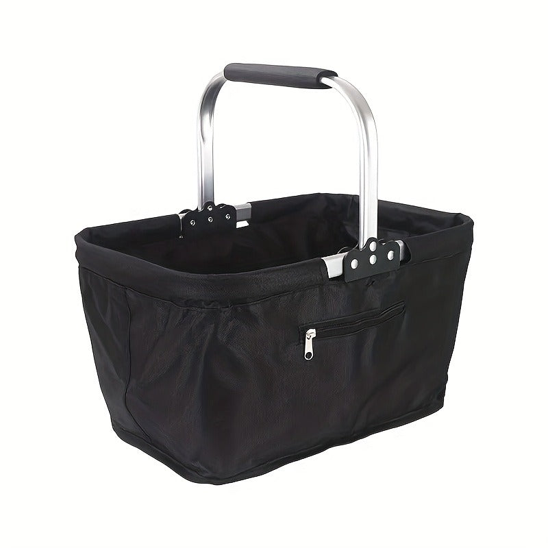 Heavy-Duty Foldable Aluminum Frame Basket with Large Zippered Side Pockets & Oxford Cloth Cover - Insulated Portable Picnic Basket Suitable for Camping, Grocery Shopping, Picnics, Lunch Box Organization