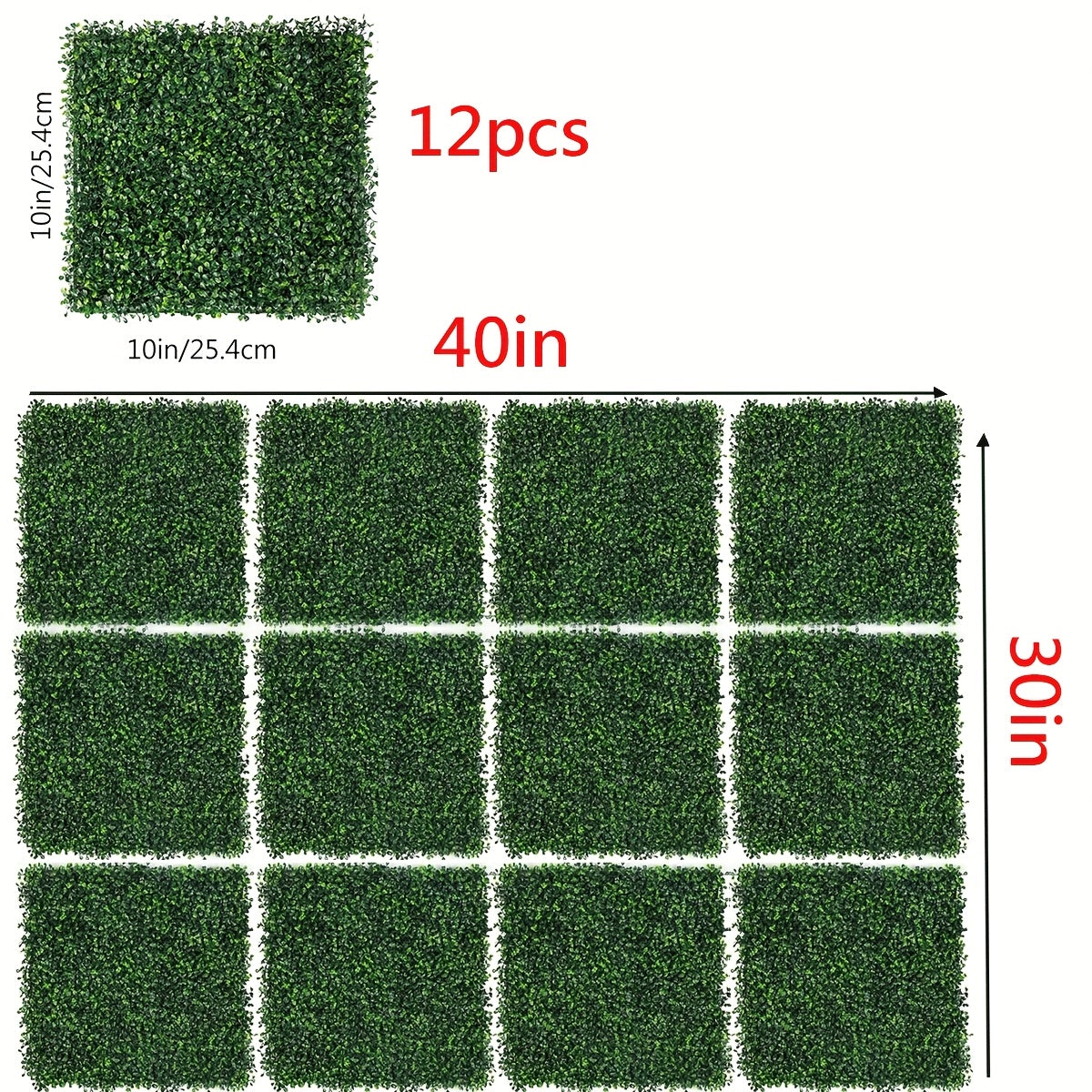 Set of 12 Artificial Boxwood Panels Measuring 40 by 30 Inches, Perfect for Creating a Green Wall Backdrop. These Uv-Stable Grass Wall Panels Are Suitable for Both Indoor And Outdoor Decoration, Ideal for Garden Fencing