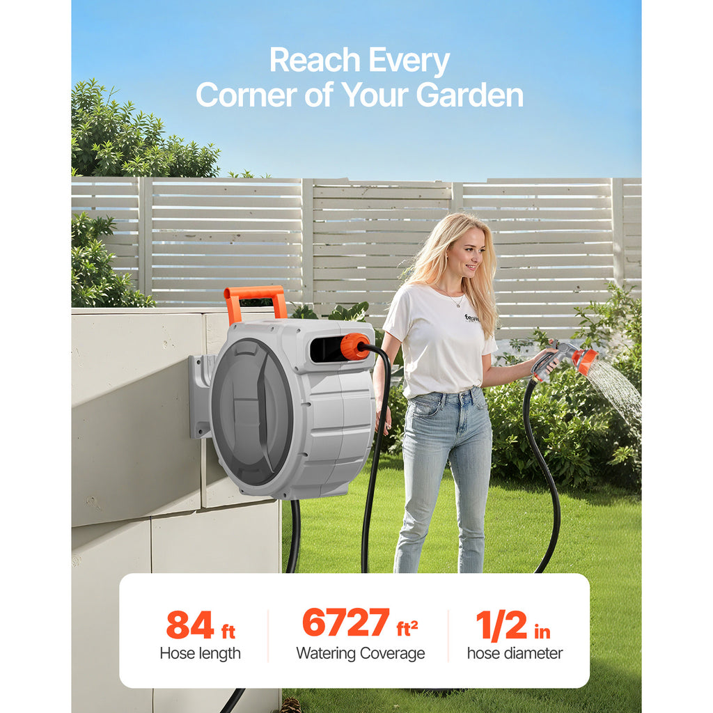 VEVOR Retractable Garden Hose Reel, 1/2 inch / 5/8 Inch x 65ft / 85ft / 100ft Wall Mounted, Heavy Duty with 9-Pattern Nozzle, Adjustable Length Lock, Upgraded Slow Return System & 180° Swivel Bracket