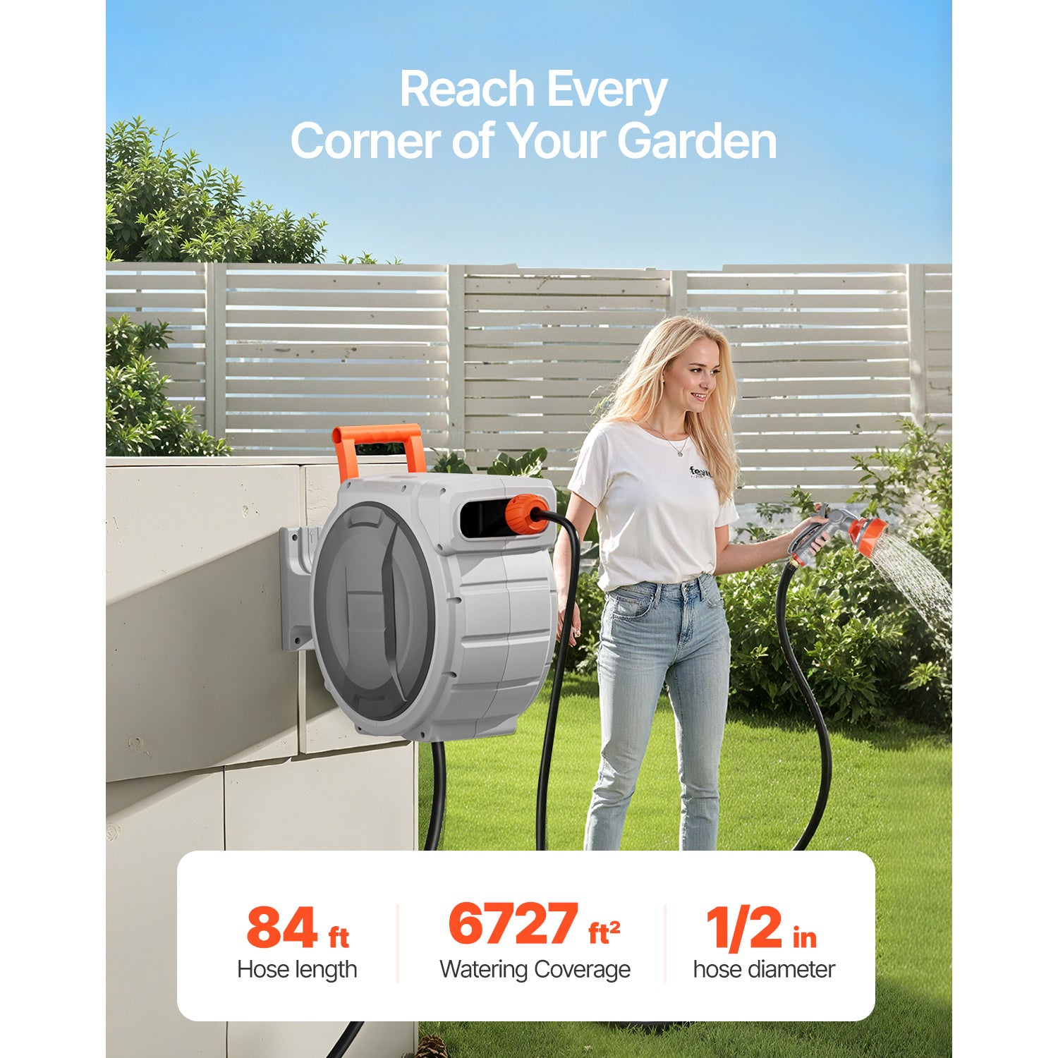 VEVOR Retractable Garden Hose Reel, 1/2 inch / 5/8 Inch x 65ft / 85ft / 100ft Wall Mounted, Heavy Duty with 9-Pattern Nozzle, Adjustable Length Lock, Upgraded Slow Return System & 180° Swivel Bracket