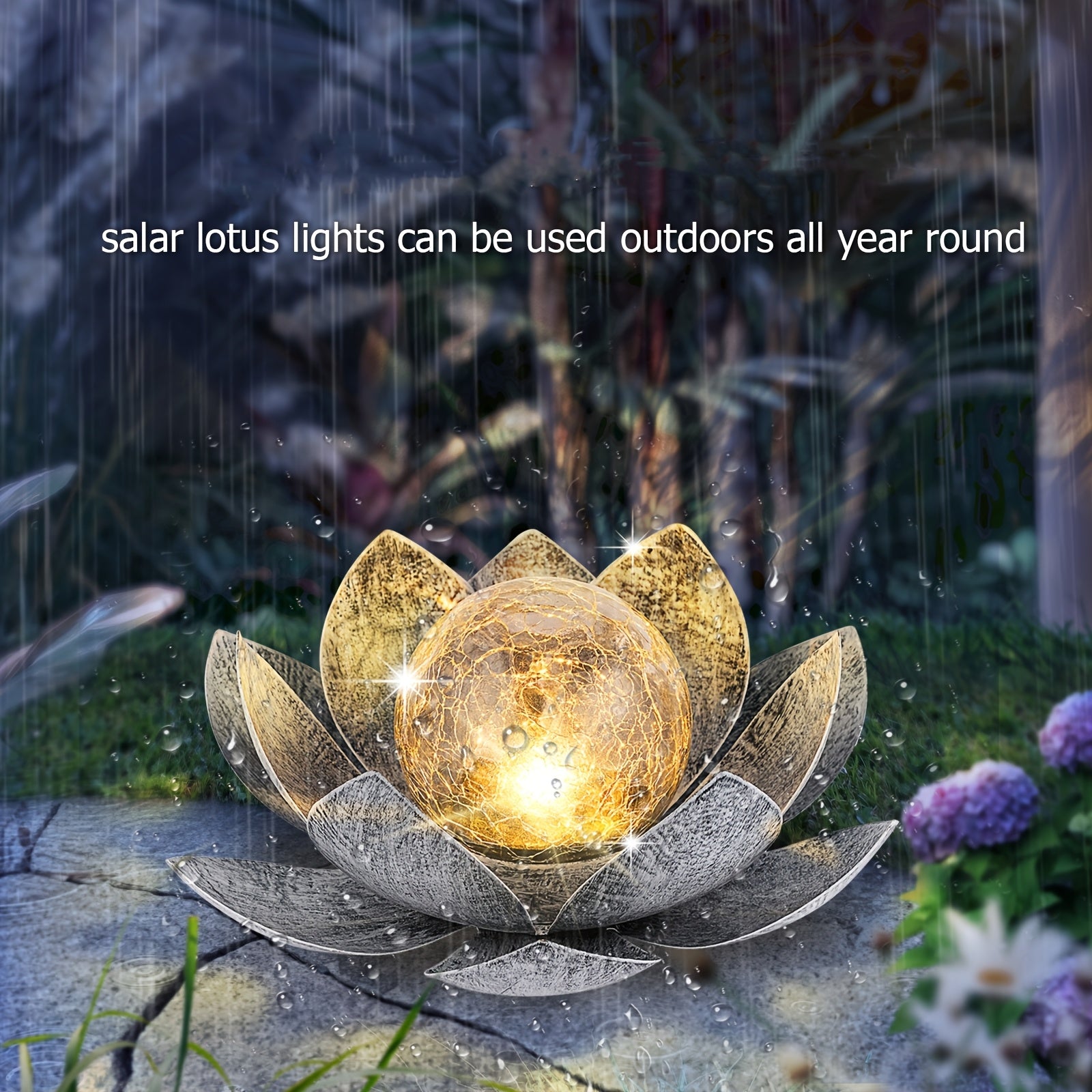 Outdoor Solar for Lotus Light, Black And White Solar Lights Garden Decoration, LED Beads with Cracked Glass Globes, Patio, Lawn, Steps Lights, Christmas Gift