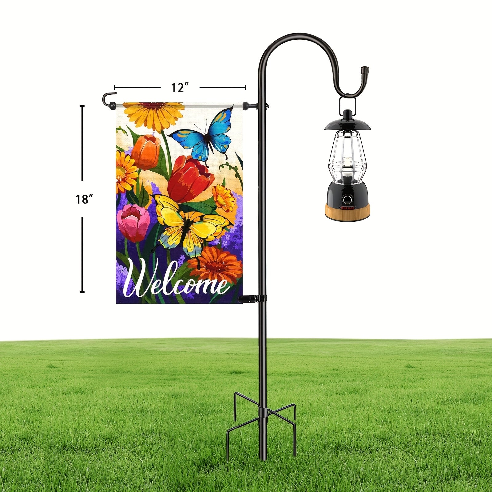 Fekyaeta Garden Flag Holder Stand And Shepherds Hooks, 47 Inch Height with 1/2 Inch Thick Metal Garden Flag Pole-Outdoor Lawn Yard Flag Holder Stake for Small Flag 12x18, Solar Lights-Mini Flag Holder