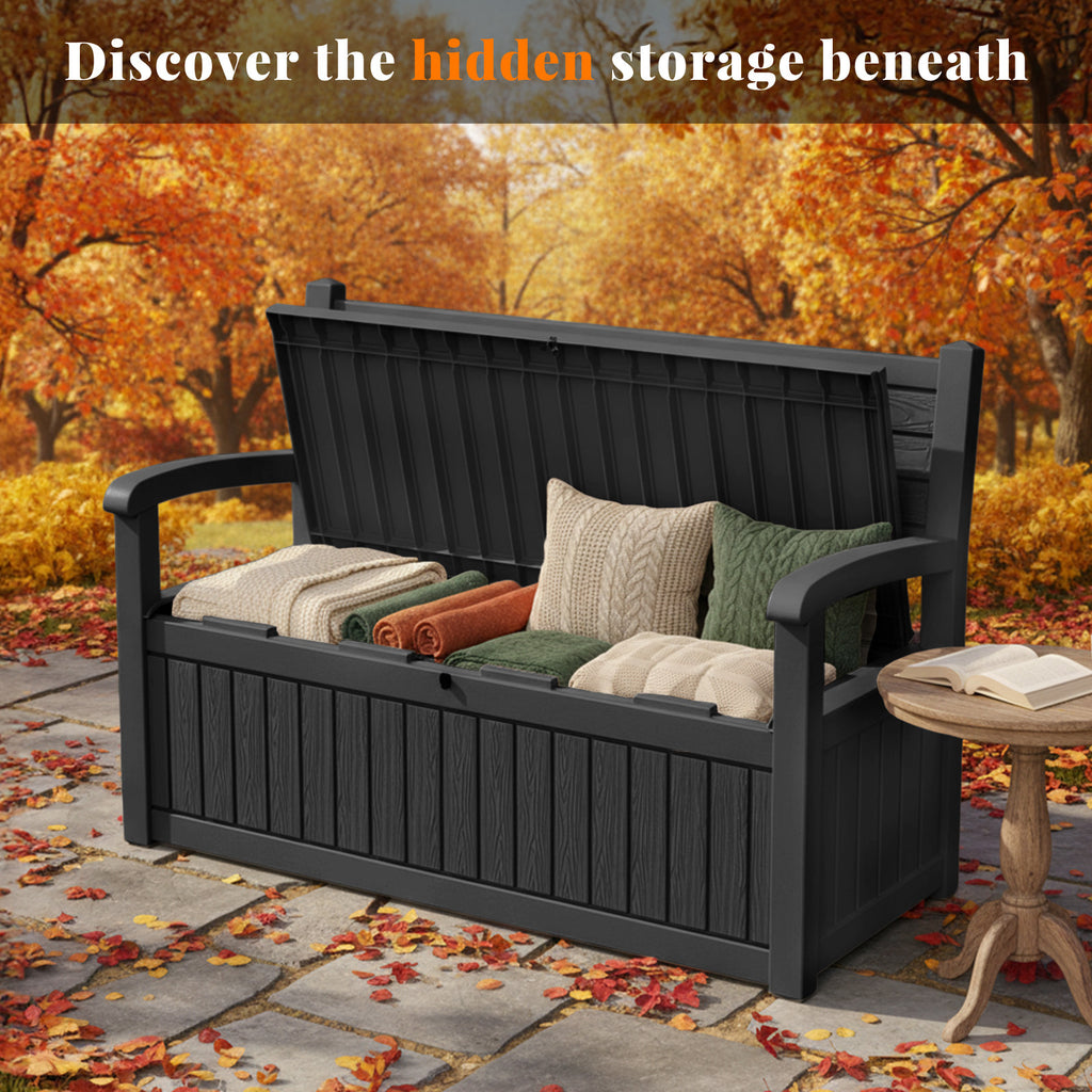Heavy Duty 80 Gallon Resin Wood Grain Indoor/Outdoor Storage Bench Seating - 500 Lb Comfortable Waterproof Deck Box for Spring Patio Summer Garden Cushions Tools & Backyard Organization