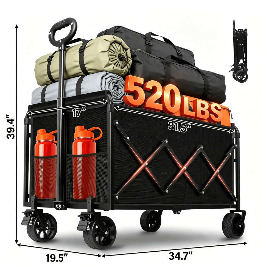 360/ 520/580/600 Lbs Collapsible Wagon Cart with Wheels Foldable - Folding Utility Heavy Duty Wagons Carts for Grocery Sports Garden Shopping Camping