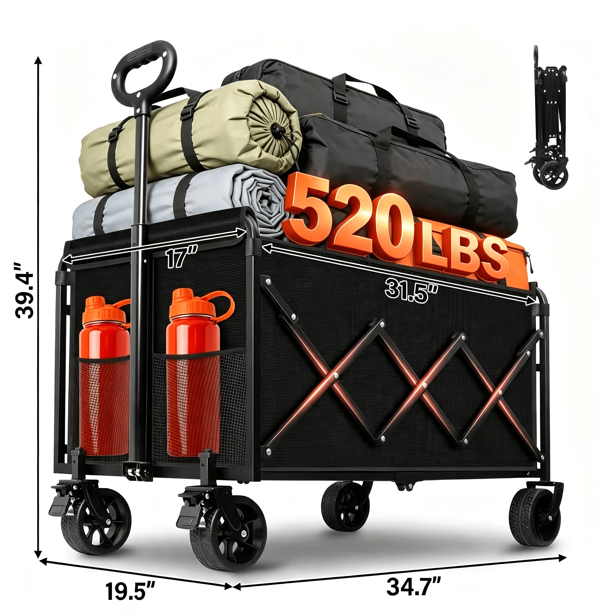 360/ 520/580/600 Lbs Collapsible Wagon Cart with Wheels Foldable - Folding Utility Heavy Duty Wagons Carts for Grocery Sports Garden Shopping Camping