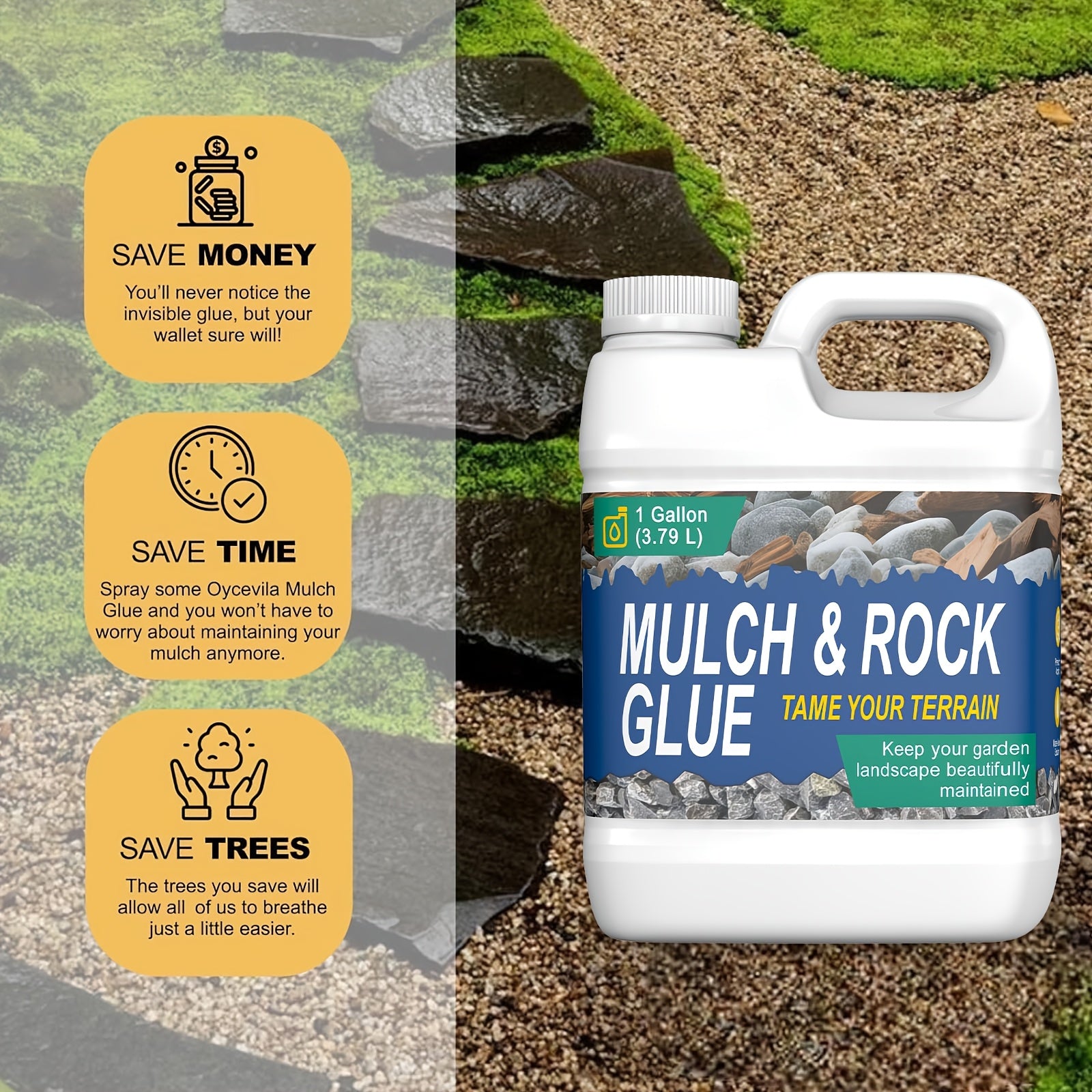 1 Gallon of Strong Liquid Mulch Adhesive - Safe And Fast-Drying Landscape Glue, Suitable for Pea Gravel, Pine Straw, Rocks & Concrete - Weed-Resistant Binder, Driveway Stabilizer, Durable for Outdoor Use | 1 Gallon | 72 Oz | 36 Oz