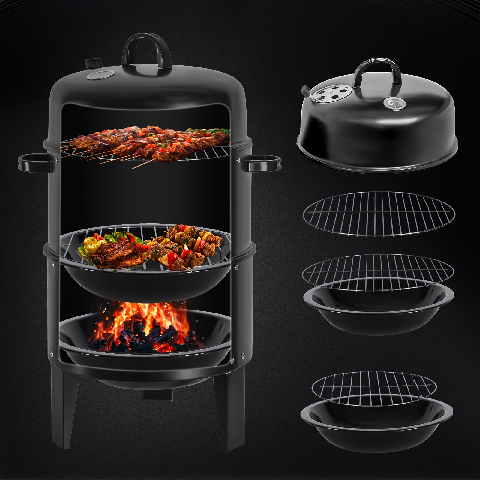 16 Inch 3-Tier Vertical Charcoal Smoker Grill with 2 Free BBQ Tongs, Portable Outdoor BBQ Smoker Grill for Smoking, Grilling & Cooking, Easy Heat Control Charcoal Grill for Camping, Backyard & Patio, Black, Father's Day Gift for Dad, BBQ Lover Gift