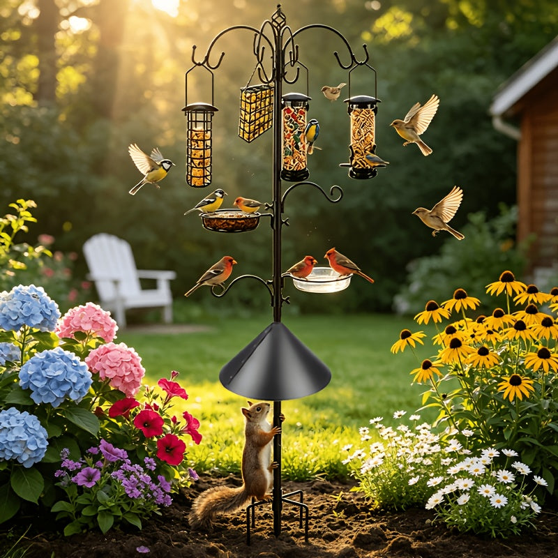 SNYNUXX Squirrel-proof Bird Feeder, 94-inch Adjustable Heavy-Duty Feeder Rod, Outdoor Wild Bird Feeder Set, Includes Shepherd Hooks, Squirrel Baffle, Metal Tray, Bird Feeder Cage, And Bird Bath Dish. Suitable for Gardens, Gift for Family