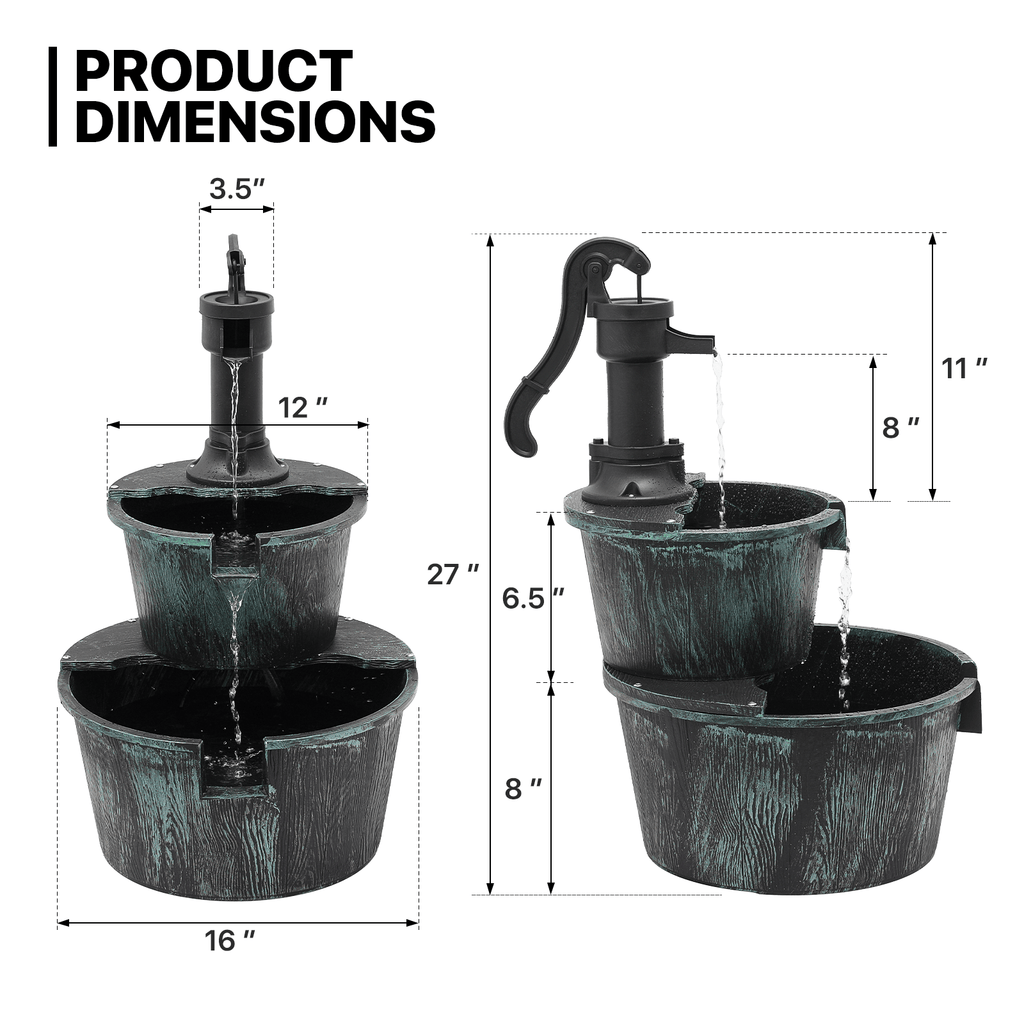 Water Fountains, 27" Tall 2-Tier Barrel Waterfall Fountain for Patio Garden Backyard Decking, 11L Water Capacity