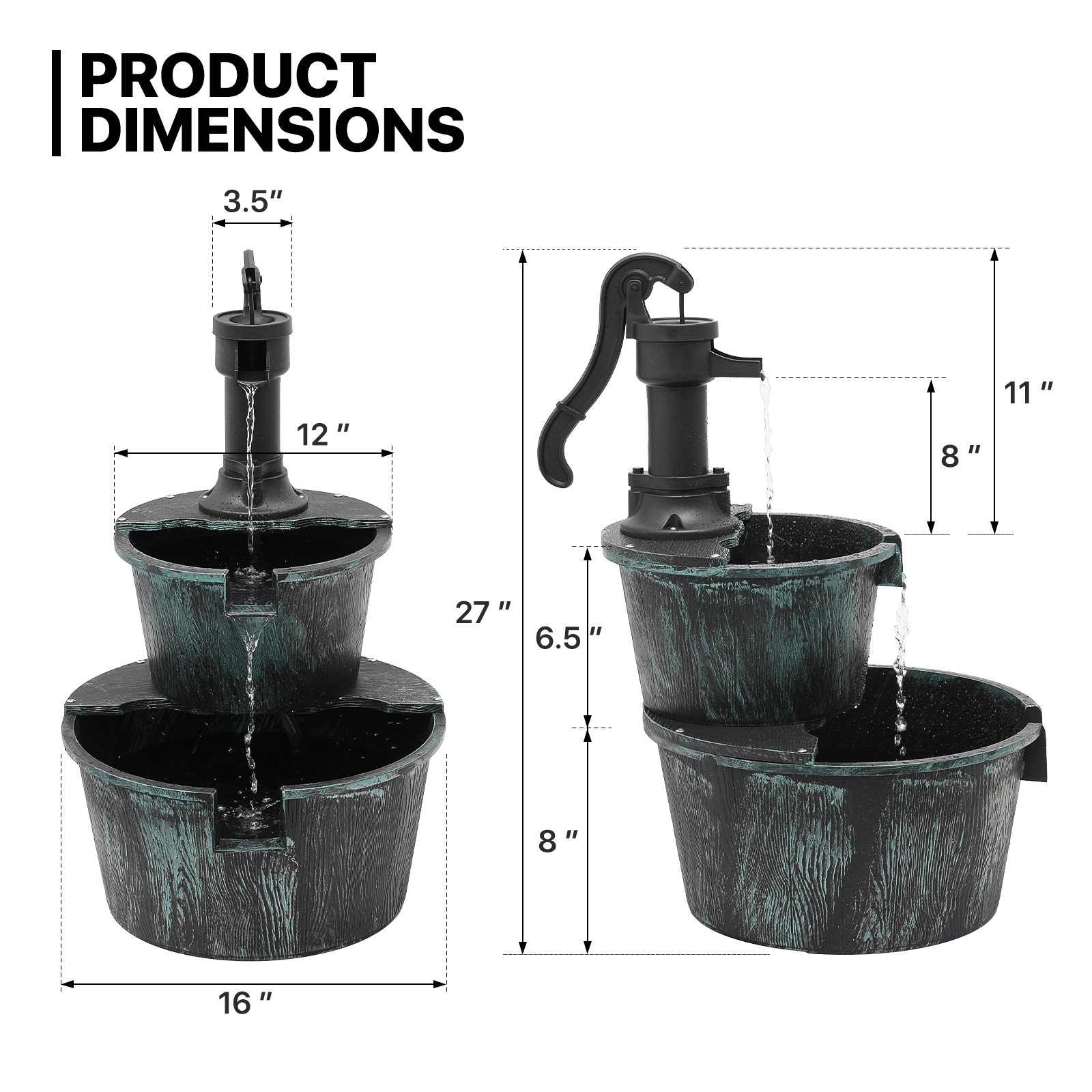 Water Fountains, 27" Tall 2-Tier Barrel Waterfall Fountain for Patio Garden Backyard Decking, 11L Water Capacity