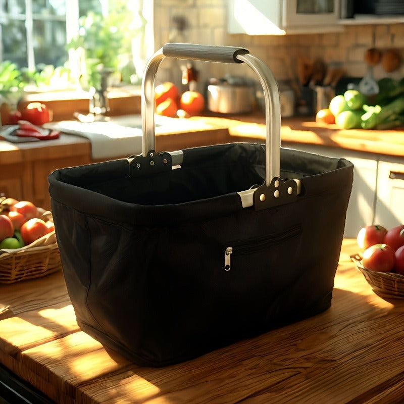 Heavy-Duty Foldable Aluminum Frame Basket with Large Zippered Side Pockets & Oxford Cloth Cover - Insulated Portable Picnic Basket Suitable for Camping, Grocery Shopping, Picnics, Lunch Box Organization