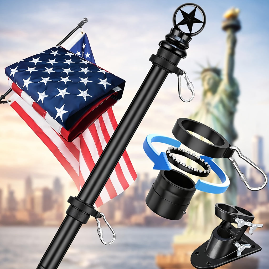 YEYEBEST Flag Pole for House with American Flag-Black Flagpoles Residential Kit with 6ft Tangle Free Metal Flag Poles, 3x5 Embroidered US Flag And Holder Bracket, Stainless Steel for Outside Porch, Outdoor, Boat