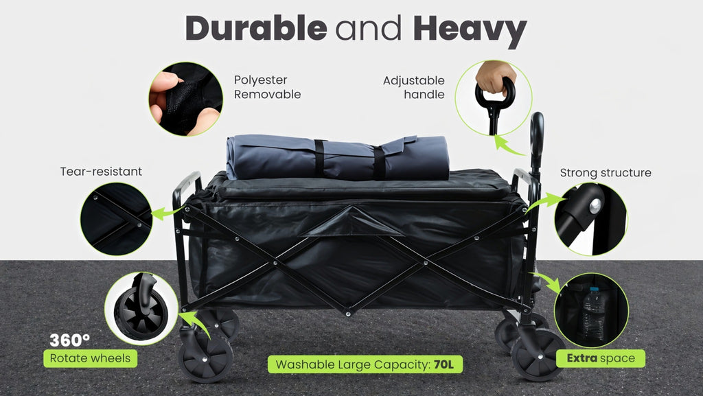 Heavy Duty Foldable Wagon Cart, 650LBS Load Bearing, Stainless Steel Frame, 600D Oxford Fabric, All Terrain Utility Cart with Swivel Wheels And Adjustable Handle, Multipurpose Portable Cart for Camping, Beach, Gardening Cart
