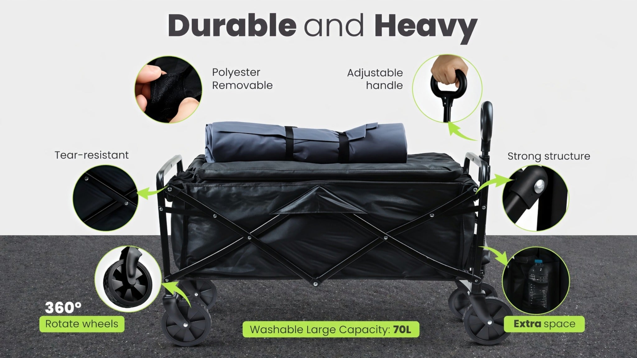 Heavy Duty Foldable Wagon Cart, 650LBS Load Bearing, Stainless Steel Frame, 600D Oxford Fabric, All Terrain Utility Cart with Swivel Wheels And Adjustable Handle, Multipurpose Portable Cart for Camping, Beach, Gardening Cart