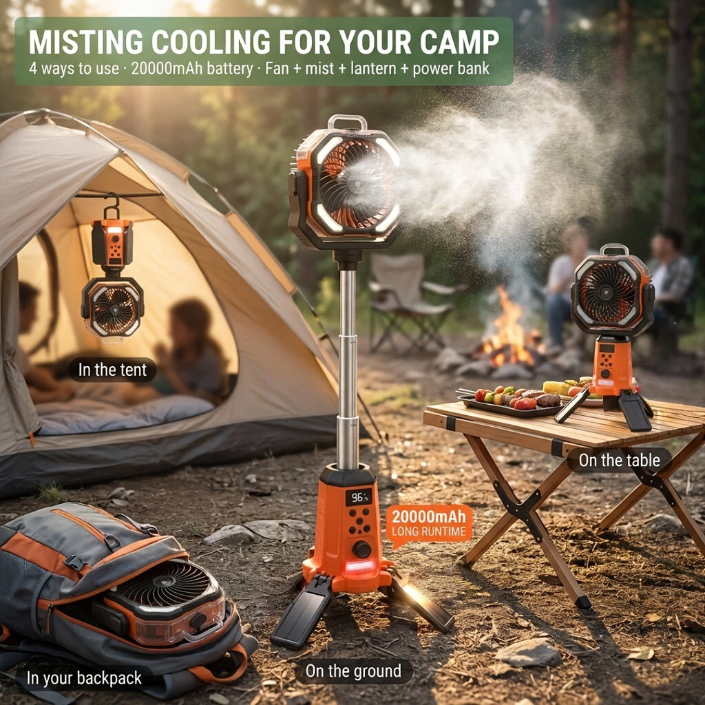31-INCH TAZTIR 20000mAh Dual Motor Camping Basic/Mist/Mist + Scalable Fan|4in 1-FAN & Humidifier & Lantern & Power Bank, Height Adjustable, with Lighten, 100 Speeds(Stepless Adjustment), Remote Control, Portable with Hook for Tent, Ideal for Camping