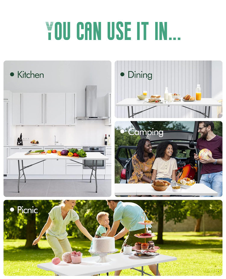 【 4FT/5FT/6FT 】 Folding table with handle and safety lock, easy to set up, with a weight carrying capacity of 330 pounds, suitable for camping, picnicking, parties, and indoor activities, white
