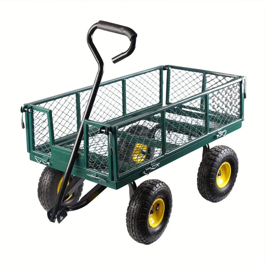 Heavy Duty 880 Lbs Capacity Mesh Steel Garden Cart Folding Utility Wagon with Removable Sides And 4.10/3.50-4" Wheels 10 Inch Tire (Black)