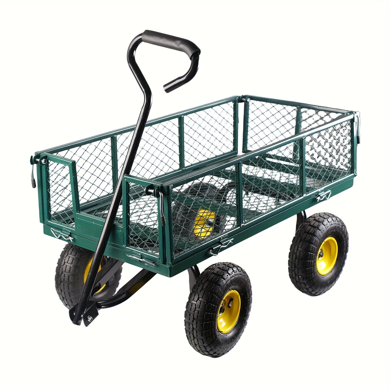 Heavy Duty 880 Lbs Capacity Mesh Steel Garden Cart Folding Utility Wagon with Removable Sides And 4.10/3.50-4" Wheels 10 Inch Tire (Black)