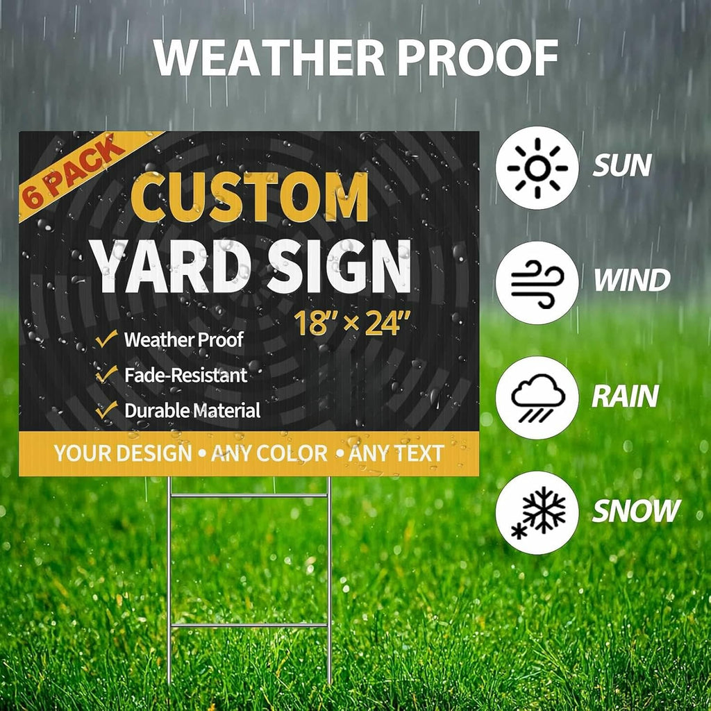 【2D Flat】 Custom Yard Sign 6 Pack - 18"x24" Corrugated Plastic (4mm) - Single Sided, Design with Your Image Includes Metal H-Shaped Stake for Outdoor Use: Event, Advertising, Professional, Weatherproof Signage
