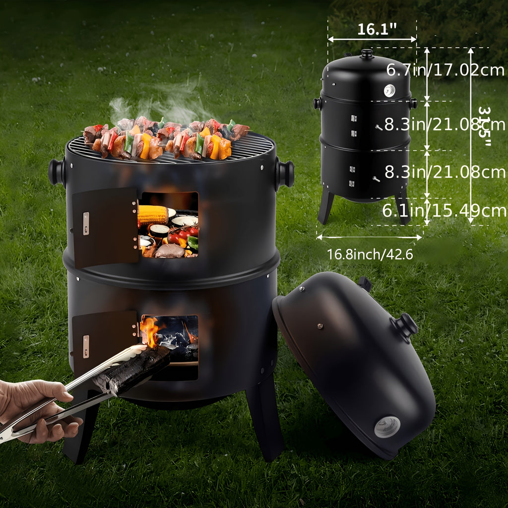 3-In-1 Portable Charcoal Smoker Grill with Built-In Thermometer, Adjustable Height BBQ Grill & Fire Pit, Large Cooking Grate, Charcoal Grill Outdoor Grill for Camping, Backyard, Tailgating, Father's Day Gift for Dad, BBQ Gifts for Men