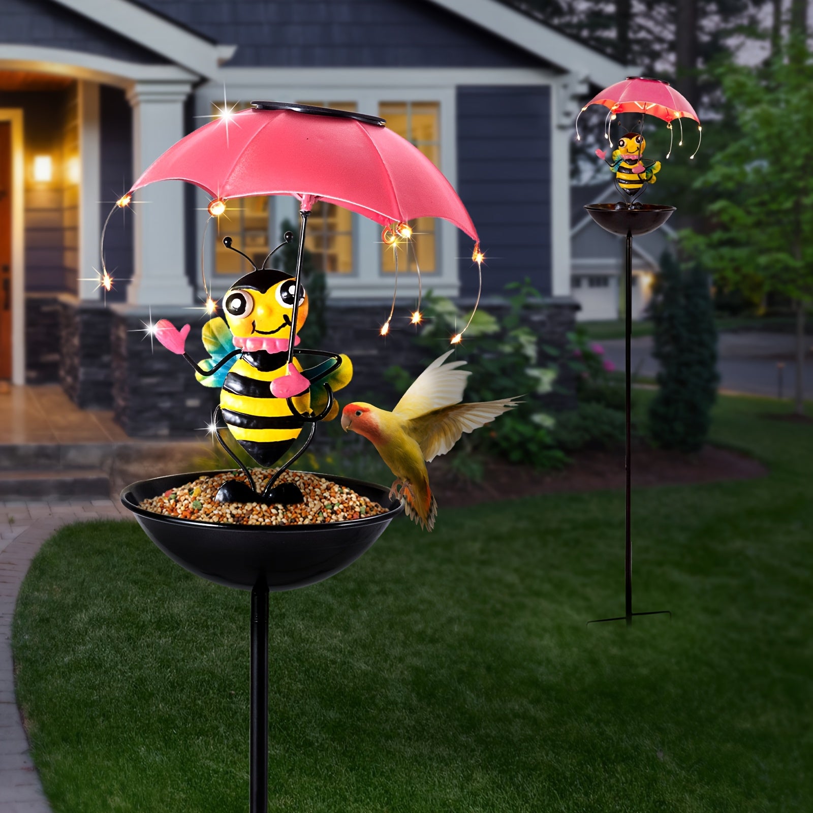 36.2 Inch Iron Bee Figurine for Home Decoration, Collectible Patio Ornaments, Solar LED String Lights, Includes Bird Feeder Feature, Perfect for Father'S Day, Thanksgiving, Christmas Gifts, Ideal for Lawn, Patio, And Garden