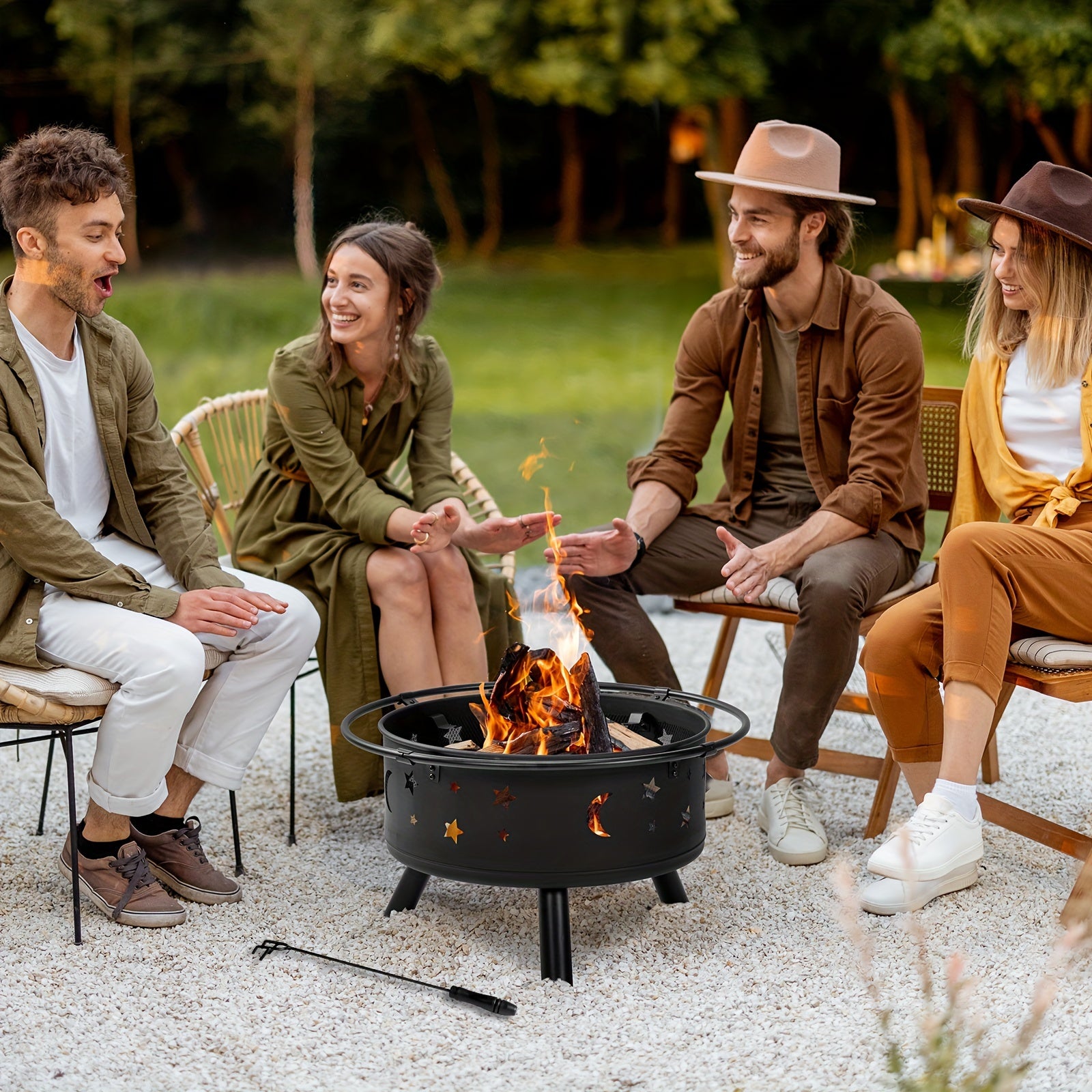 LEADZM 30in Round with Carrying Ring Mesh Lid Star And Moon Hole Wood Burning Fire Pit Iron Black