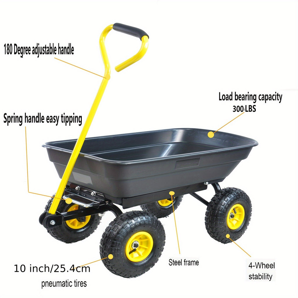 Poly Garden Dump Cart with Steel Frame Yard Dump Utility Cart Heavy Duty Garden Dump Truck with Wheels 330 Lbs Yard Wagon Cart with 180° Rotating Handle And 10 Inches Pneumatic Tire 19.81gal for Outdoor Lawn Yard