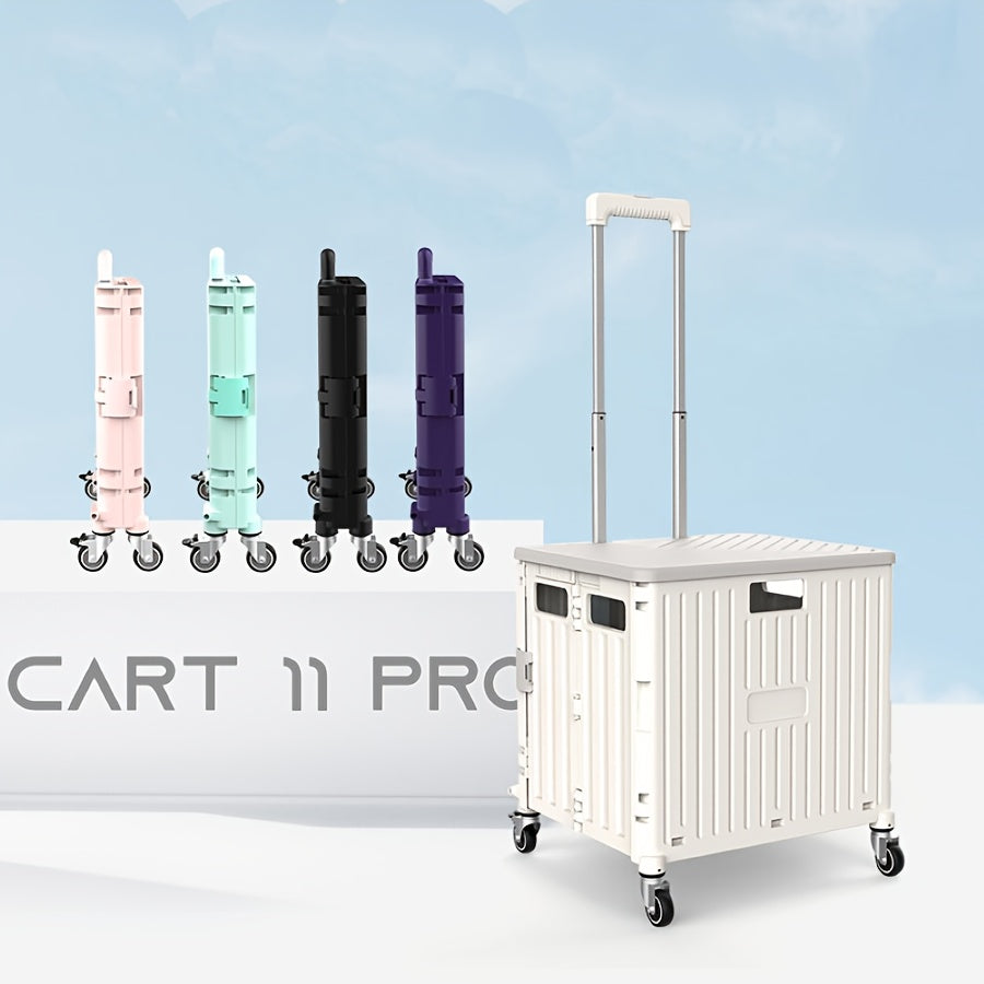 1pc Folded Portable Lightweight Cart 65L/14.7Gal, Collapsible Trolley, Portable Small Trailer, Removable Plastic Travel Storage Box, Outdoor Trolley with 4 Universal Wheels And Cover, Mobile Storage Box for Camping, Shopping, Picnics