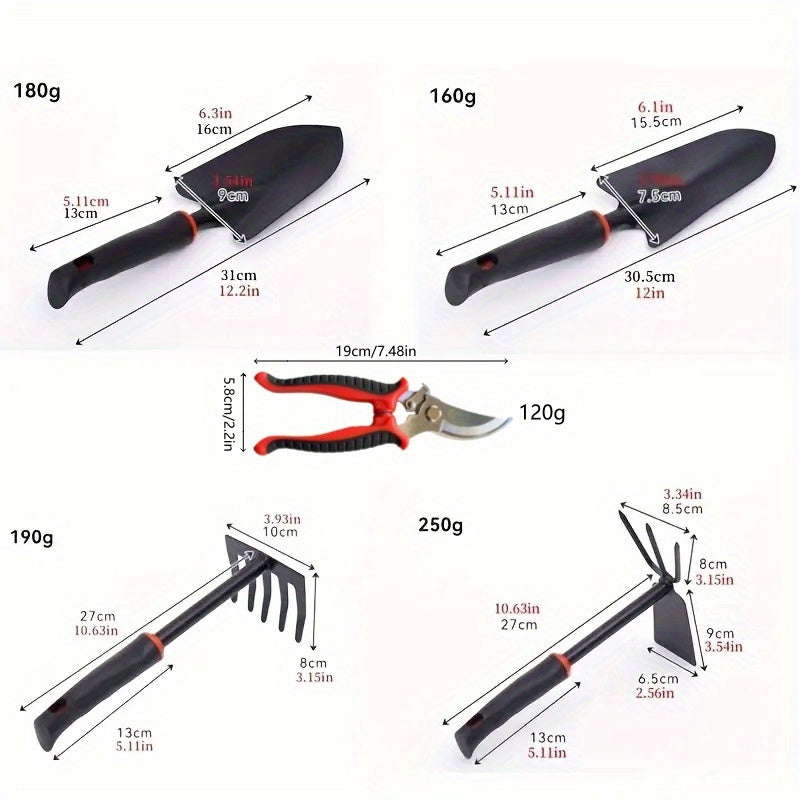5pcs Gardening Tool Set with Anti-Slip Rubber Handle | Heavy-duty, Sturdy and Durable, Classic and Practical, Includes 2 Shovels, Rakes, Plowing and Transplanting Tools, Rust Proof Iron Tools, Rubber Grip
