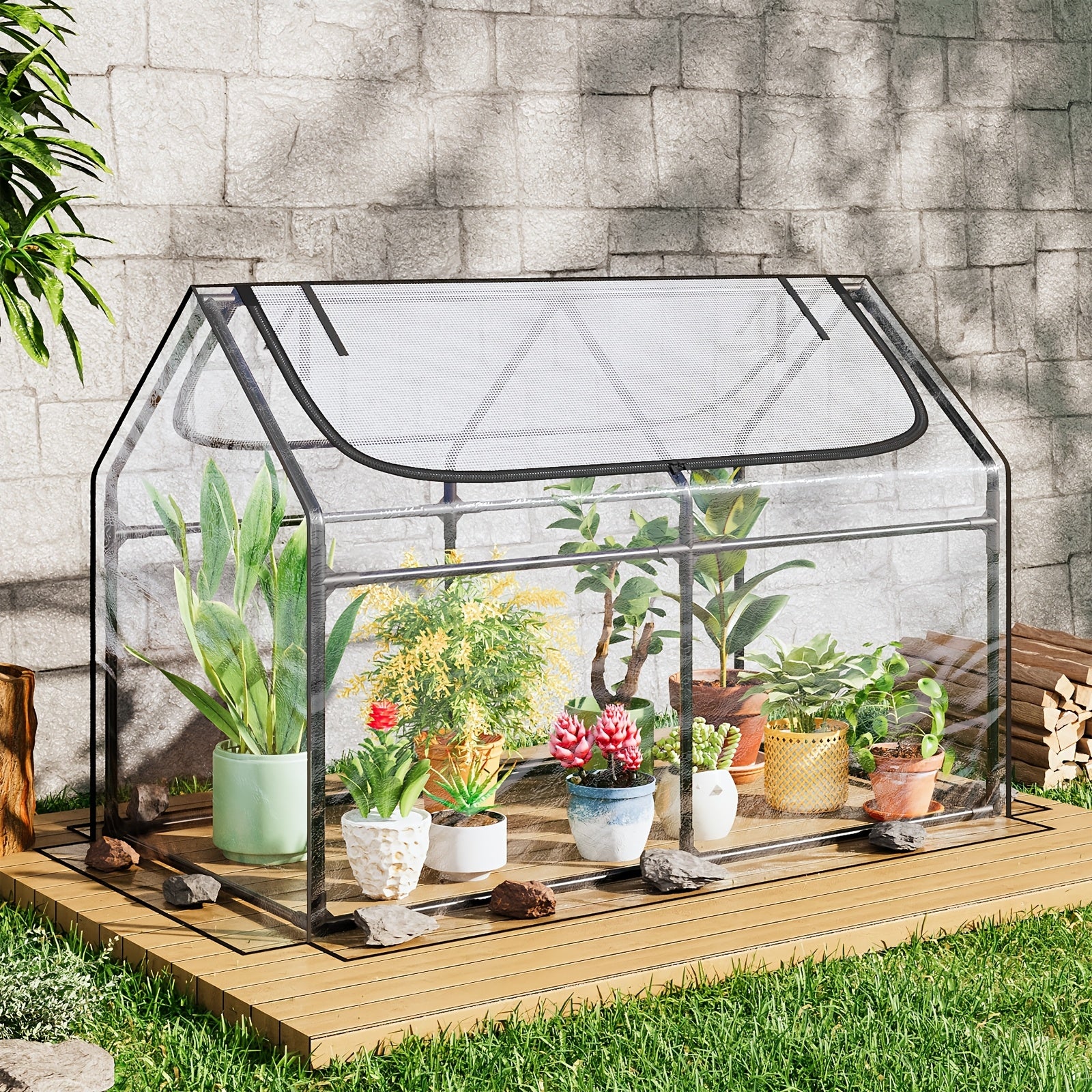 TOMNK Mini Greenhouse, Greenhouse Portable Quick-Setup Small Tabletop Waterproof UV Protected PVC/PE Cover Shelter for Outdoors/Indoors, Top 2 Layers, with Additional Ultra-Fine Insect Mesh, 4*2*3ft/6*3*3ft, Clear/Green.
