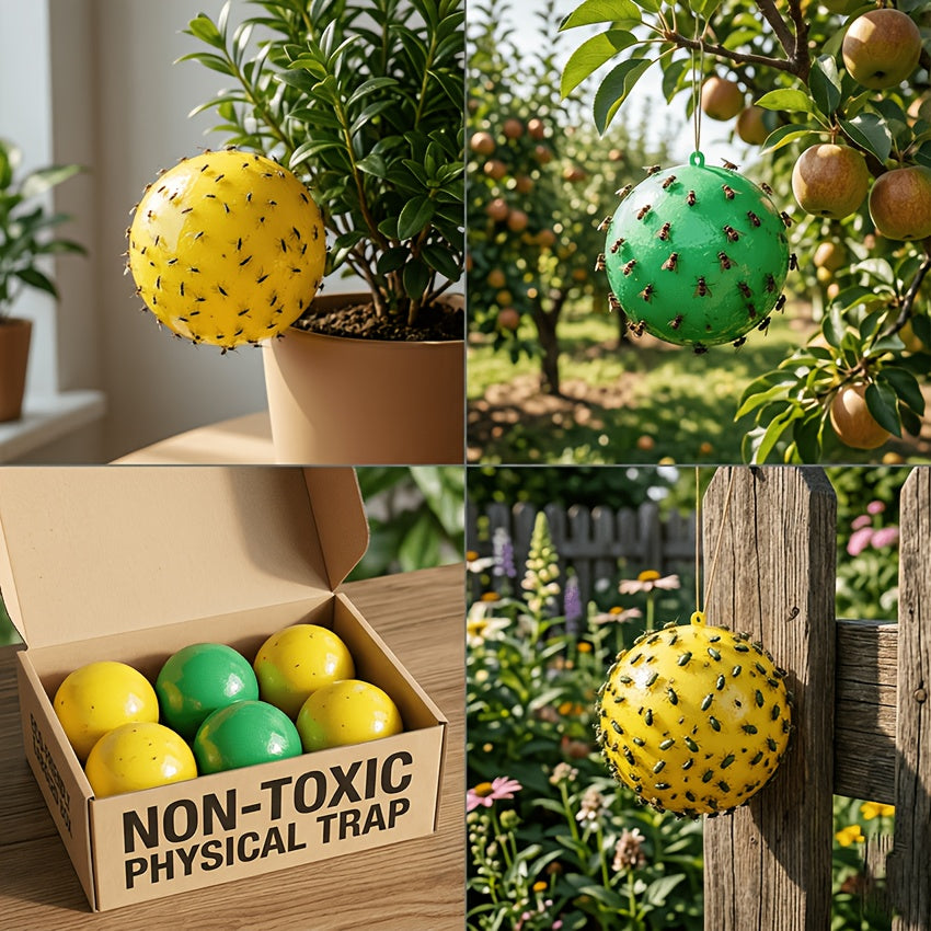 Yellow & Green 6-Pack Sticky Fruit Fly Traps For Garden, Large 8cm Dual-Color Heavy-Duty Insect Catcher Balls, Rainproof & Non-Toxic Physical Pest Control For Orchard & Veggies