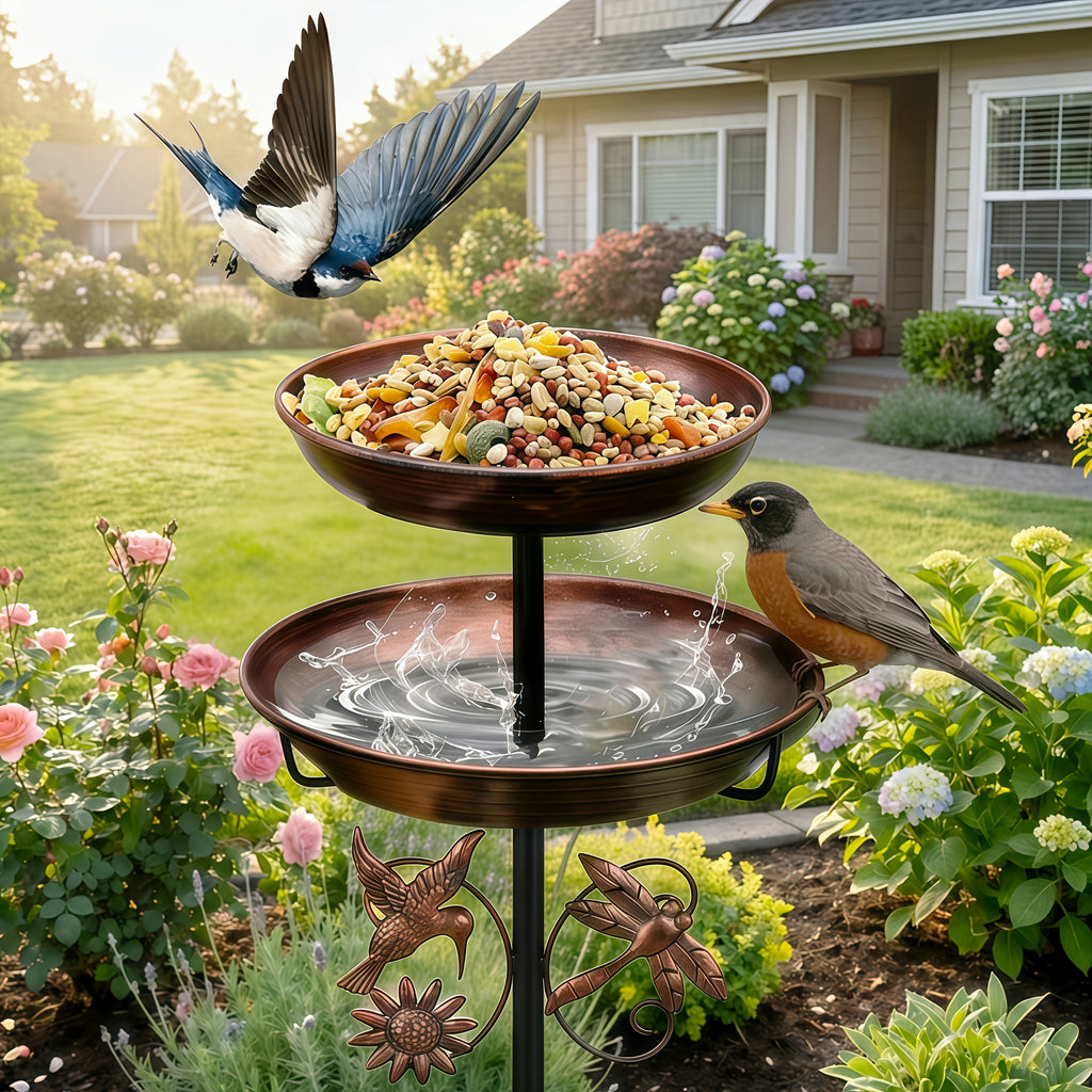 Retro Double-layer Metal Bird Bath Feeder. Detachable Basin for Feeding & Bathing. with Hummingbird & Dragonfly Decor. Ideal for Gardens, Patios, Courtyards, Lawns. Upgraded 5-claw Base, Anti-toppling, Stable And Durable.
