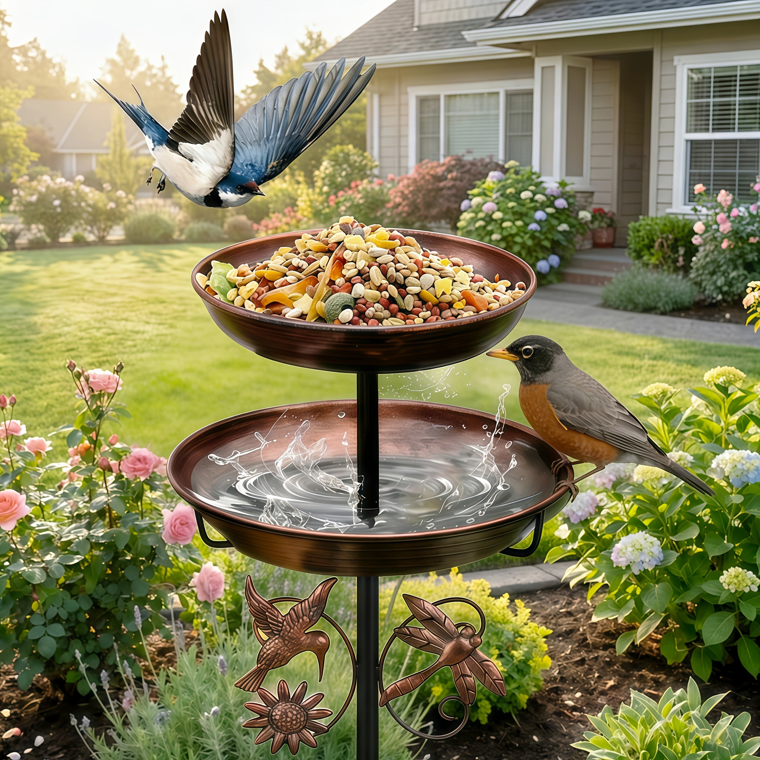 Retro Double-layer Metal Bird Bath Feeder. Detachable Basin for Feeding & Bathing. with Hummingbird & Dragonfly Decor. Ideal for Gardens, Patios, Courtyards, Lawns. Upgraded 5-claw Base, Anti-toppling, Stable And Durable.