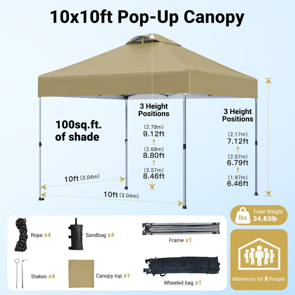 A 10X10Ft Gazebo That Is a Portable Outdoor Shelter Featuring One-Step Assembly, Adjustable Height, And Comes with a Storage Bag, Eight Ground Pegs, And Four Sandbags. It Has an Easy-To-Install Canopy, Making It Ideal for Beach Trips, Camping