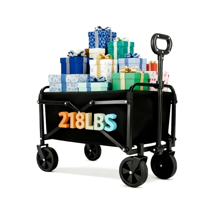 Heavy-Duty Collapsible Handcart with a Stainless Steel Frame And 600D Oxford Fabric, Equipped with All-Terrain Wheels, Ideal for Camping, Gardening, Beach Outings, Shopping, And Transporting Goods. It Features Compact Storage And a Robust Design