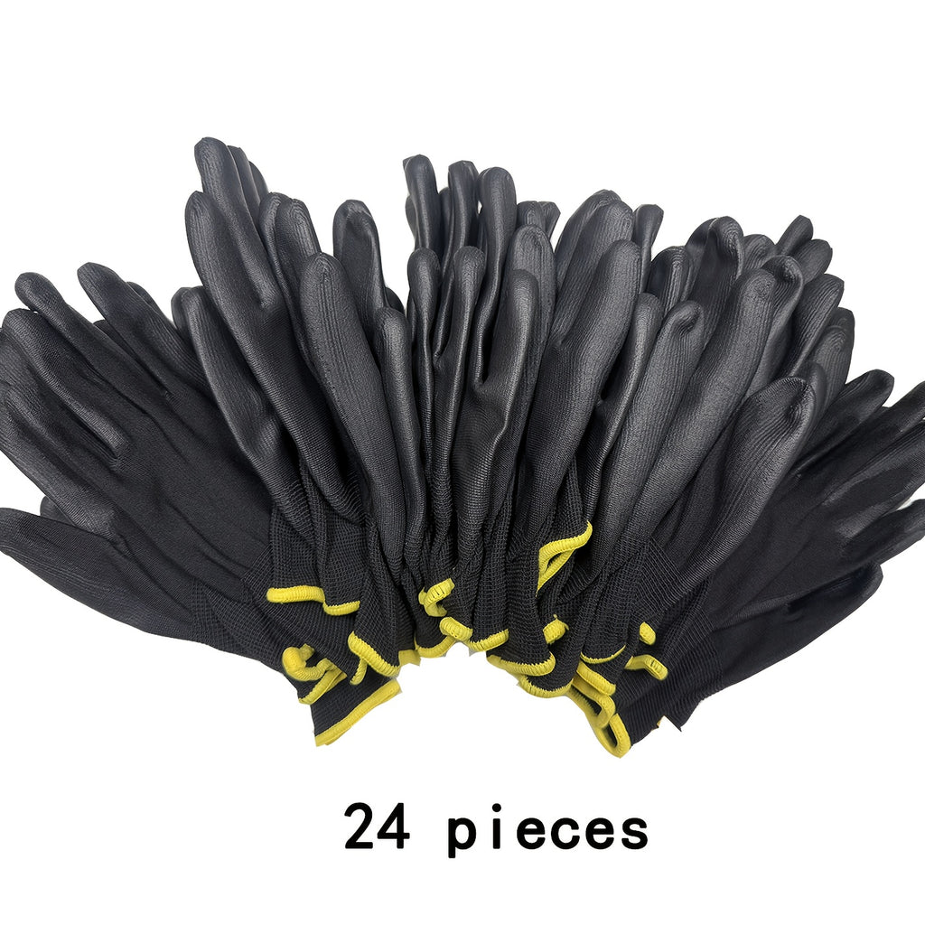 24pcs/12 pairs of black nylon gloves, palm anti slip PU coating - lightweight and durable, lead-free, suitable for lawn care and outdoor use, strong protection, reusable